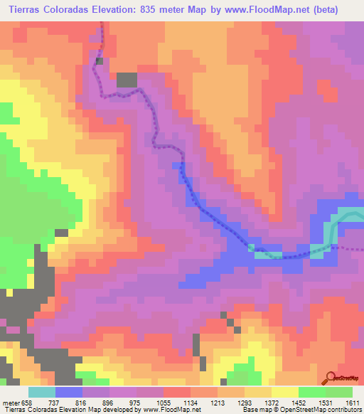 Tierras Coloradas,Mexico Elevation Map