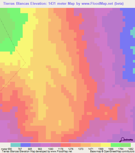 Tierras Blancas,Mexico Elevation Map