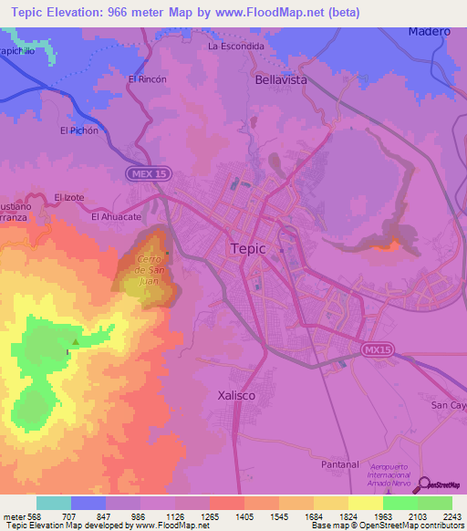 Tepic,Mexico Elevation Map