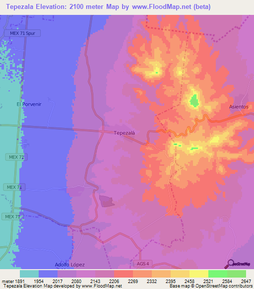 Tepezala,Mexico Elevation Map