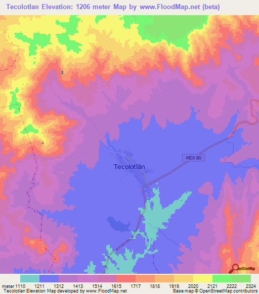 Tecolotlan,Mexico Elevation Map