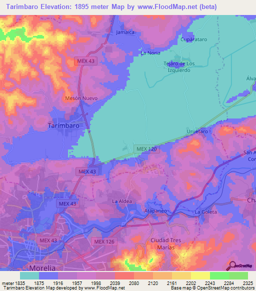 Tarimbaro,Mexico Elevation Map