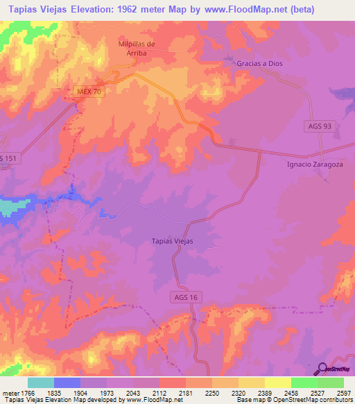 Tapias Viejas,Mexico Elevation Map