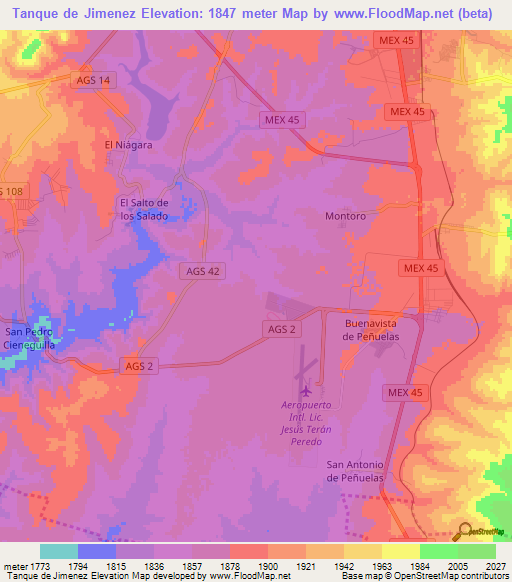 Tanque de Jimenez,Mexico Elevation Map