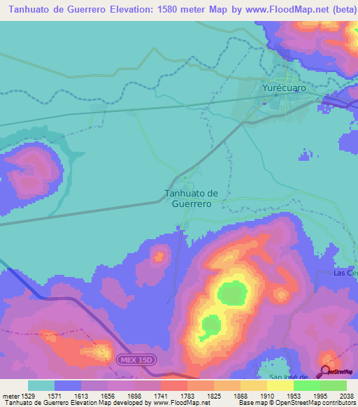 Tanhuato de Guerrero,Mexico Elevation Map