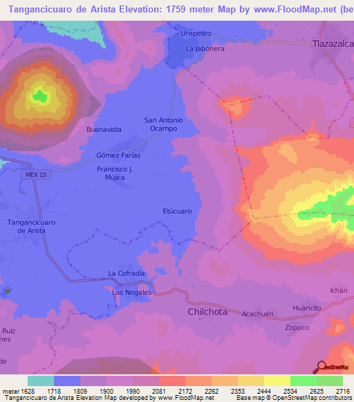 Tangancicuaro de Arista,Mexico Elevation Map