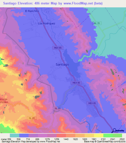 Santiago,Mexico Elevation Map