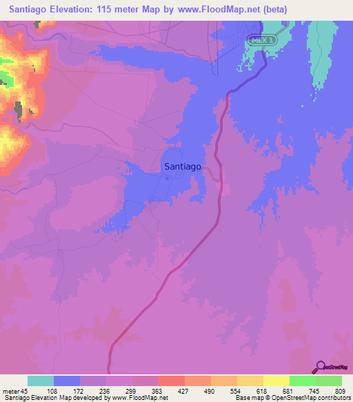 Santiago,Mexico Elevation Map