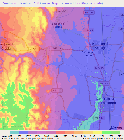 Santiago,Mexico Elevation Map