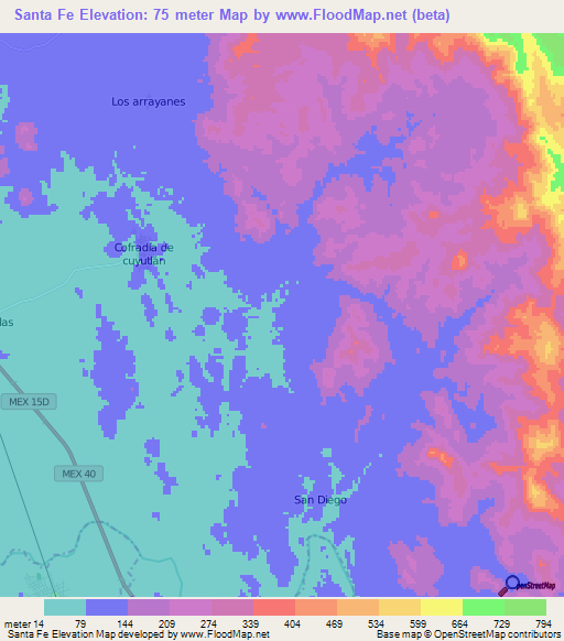 Santa Fe,Mexico Elevation Map