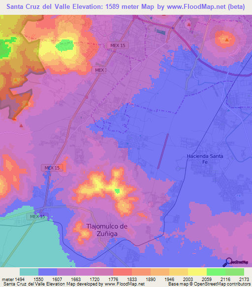 Santa Cruz del Valle,Mexico Elevation Map