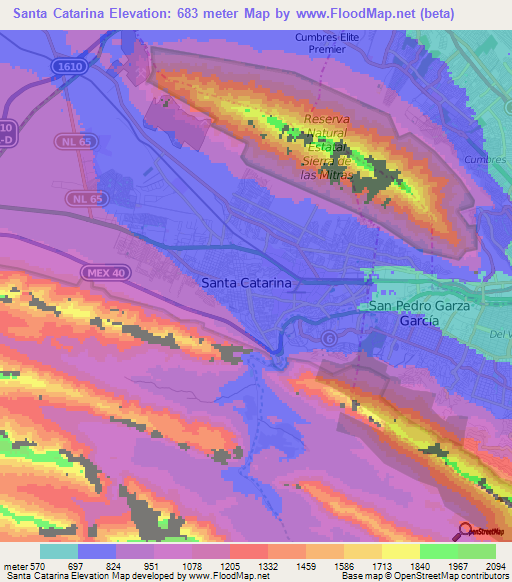 Santa Catarina,Mexico Elevation Map