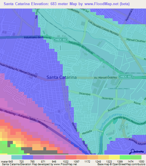 Santa Catarina,Mexico Elevation Map