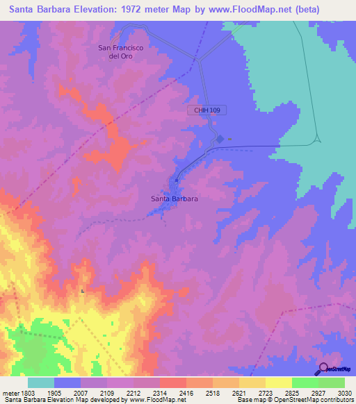 Santa Barbara,Mexico Elevation Map