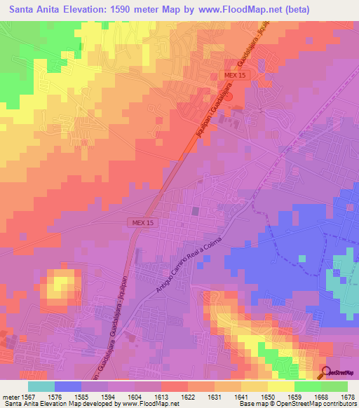 Santa Anita,Mexico Elevation Map