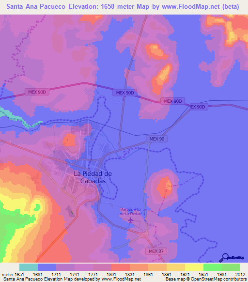 Santa Ana Pacueco,Mexico Elevation Map