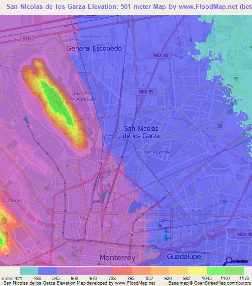 San Nicolas de los Garza,Mexico Elevation Map