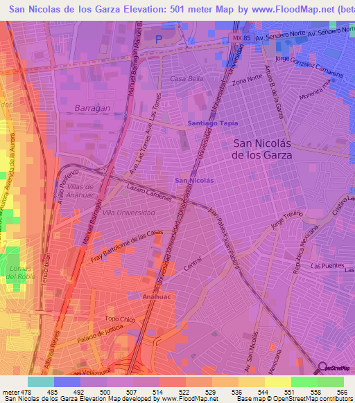 San Nicolas de los Garza,Mexico Elevation Map