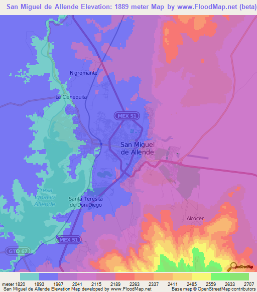 San Miguel de Allende,Mexico Elevation Map