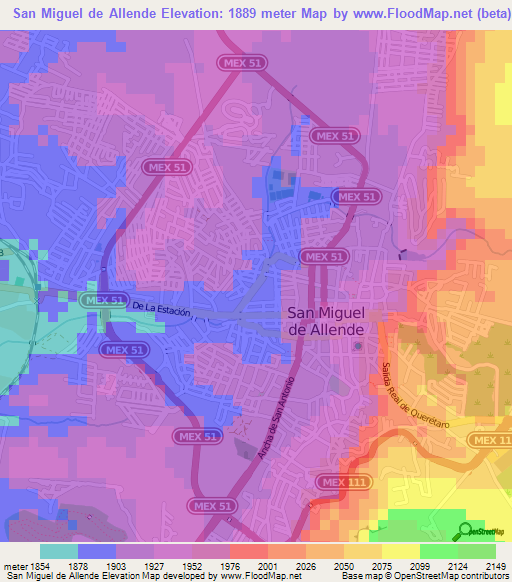 San Miguel de Allende,Mexico Elevation Map