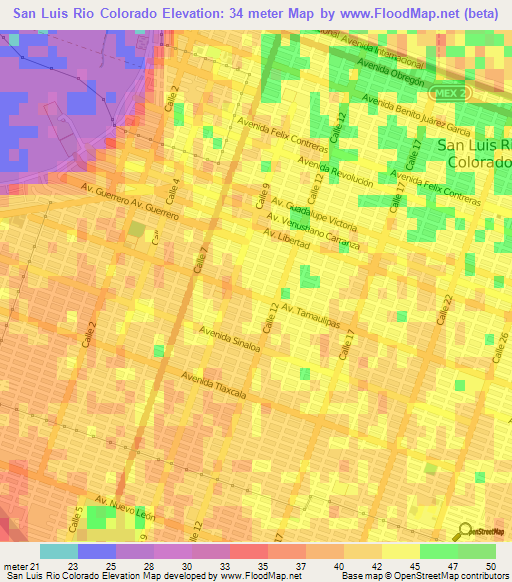 San Luis Rio Colorado,Mexico Elevation Map