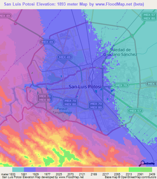 San Luis Potosi,Mexico Elevation Map