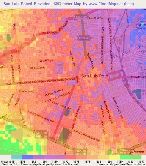 San Luis Potosi,Mexico Elevation Map