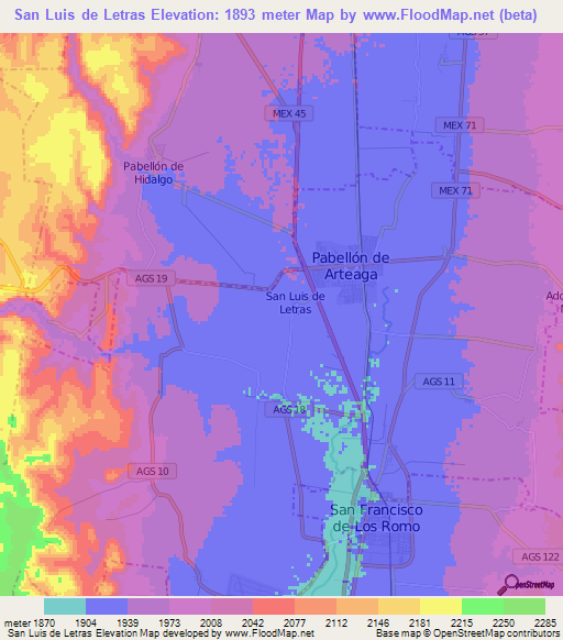 San Luis de Letras,Mexico Elevation Map