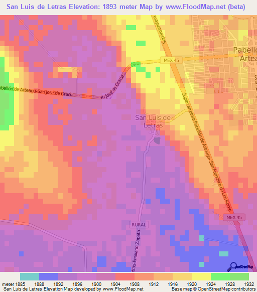 San Luis de Letras,Mexico Elevation Map