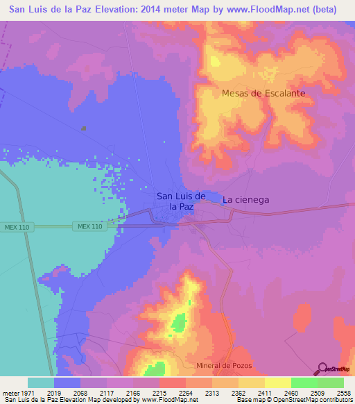 San Luis de la Paz,Mexico Elevation Map