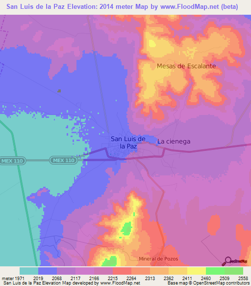 San Luis de la Paz,Mexico Elevation Map