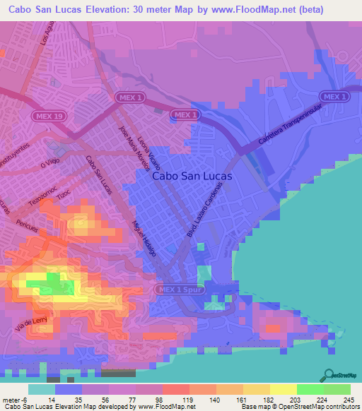 Cabo San Lucas,Mexico Elevation Map