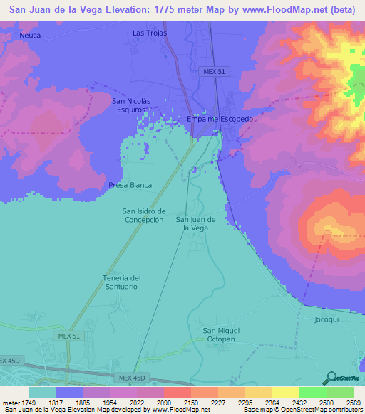 San Juan de la Vega,Mexico Elevation Map