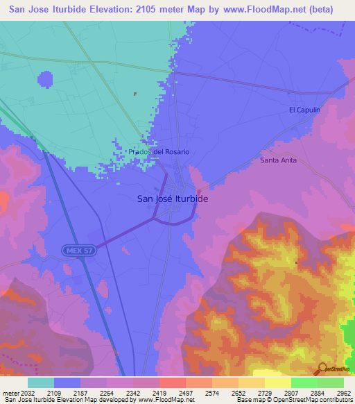 San Jose Iturbide,Mexico Elevation Map