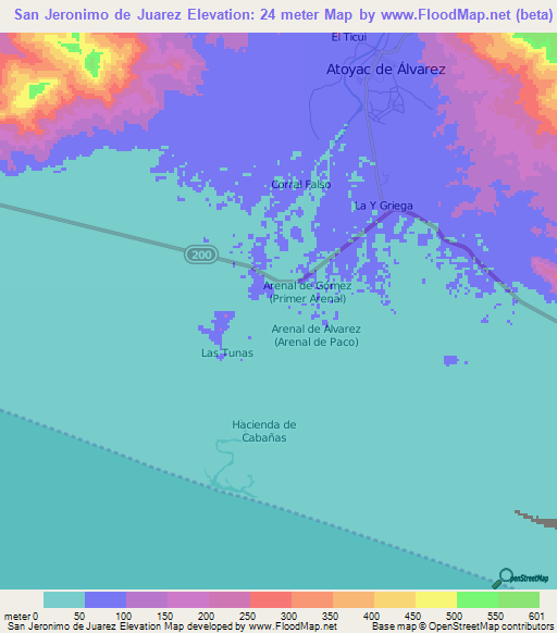 San Jeronimo de Juarez,Mexico Elevation Map