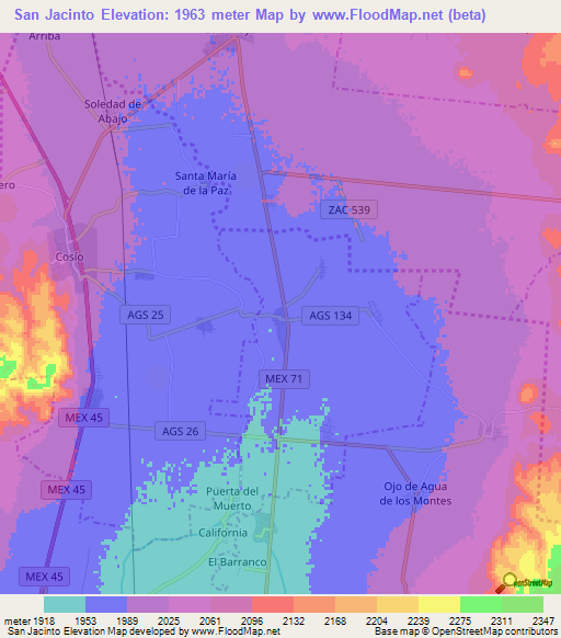 San Jacinto,Mexico Elevation Map