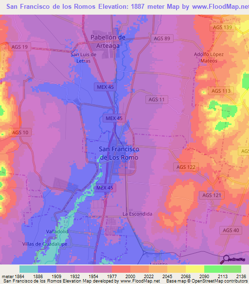 San Francisco de los Romos,Mexico Elevation Map
