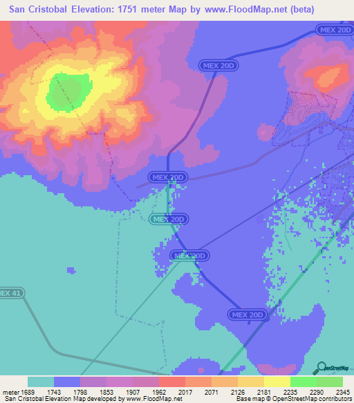 San Cristobal,Mexico Elevation Map