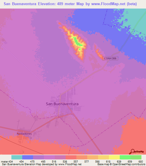 San Buenaventura,Mexico Elevation Map