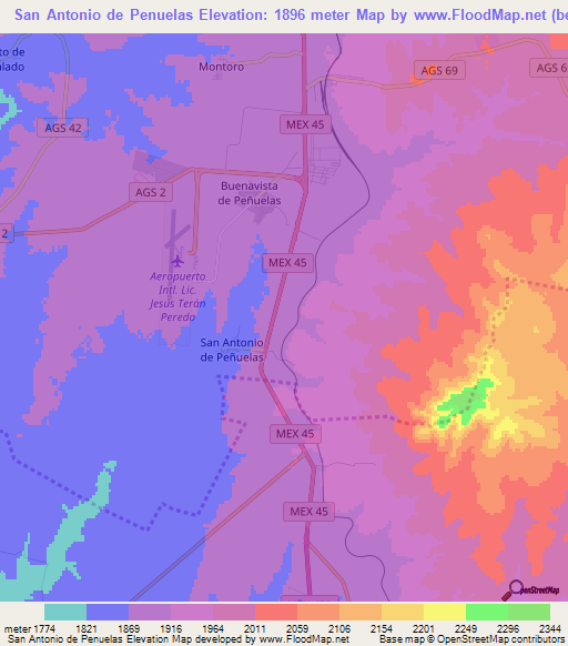 San Antonio de Penuelas,Mexico Elevation Map