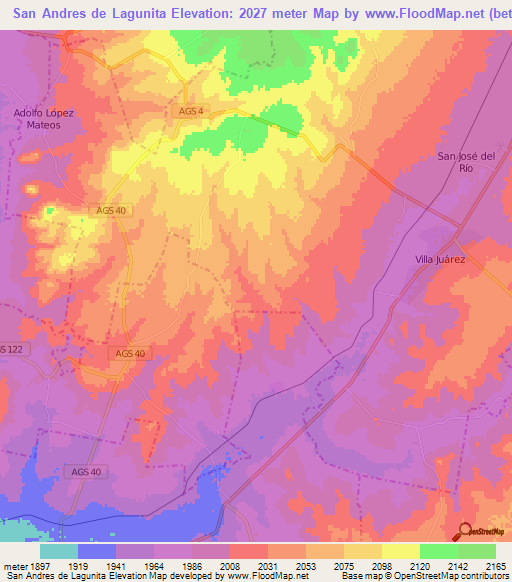 San Andres de Lagunita,Mexico Elevation Map