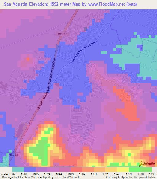 San Agustin,Mexico Elevation Map