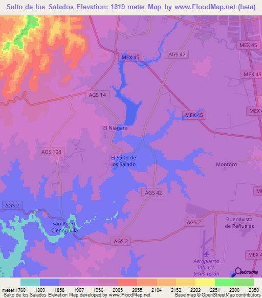 Salto de los Salados,Mexico Elevation Map