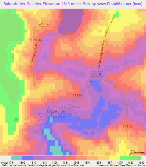 Salto de los Salados,Mexico Elevation Map