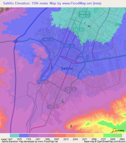 Saltillo,Mexico Elevation Map