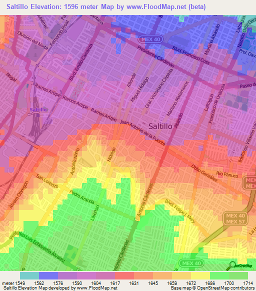 Saltillo,Mexico Elevation Map