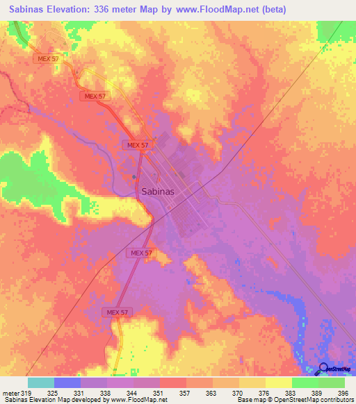 Sabinas,Mexico Elevation Map