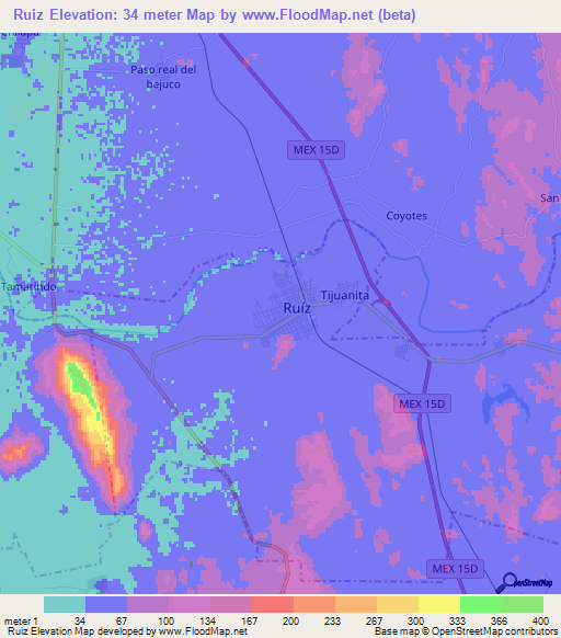 Ruiz,Mexico Elevation Map