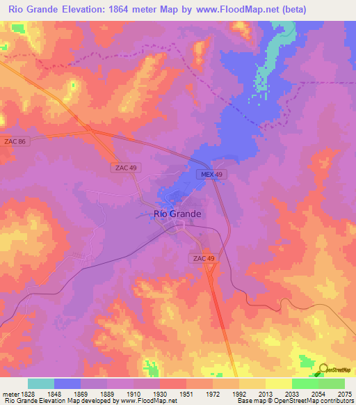 Rio Grande,Mexico Elevation Map