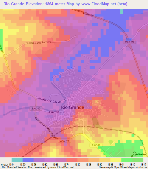 Rio Grande,Mexico Elevation Map